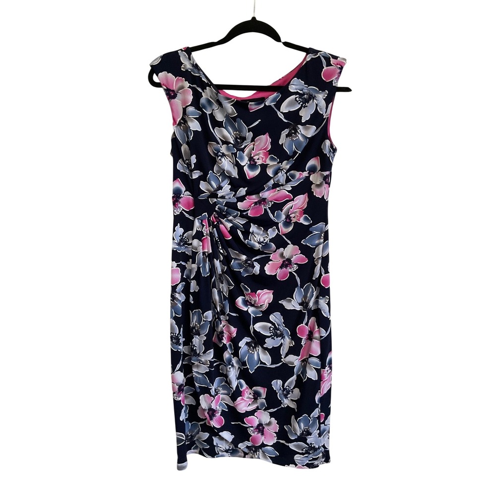 Connected Apparel Navy Blue Pink Floral Ruched Sheath Dress 8P TDZ30796‎